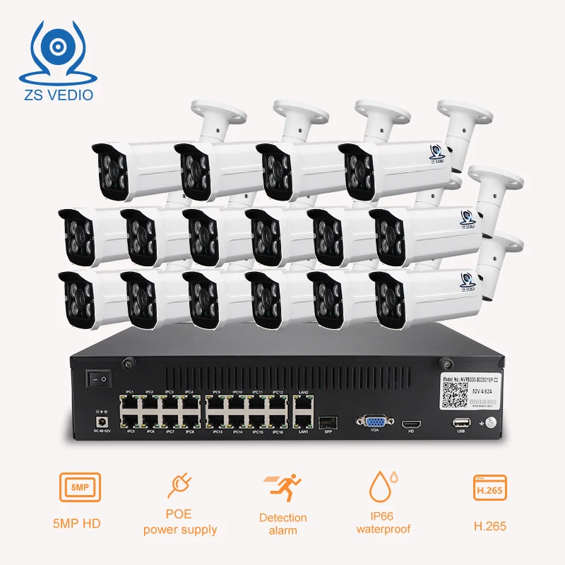 

ZSVEDIO 16CH POE 48V NVR IP Camera H.264/H.265 16CH 1080P 2.0MP 48V POE Kit CCTV Camera 4IR Night Vision Waterproof Onvif