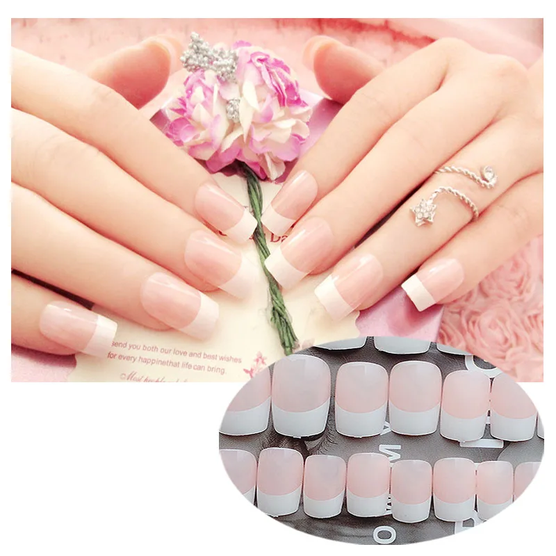 

24 Pcs/Set Fake Nails French Long False Nails Full Cover Press On Nails Patch Artificial Fingernails Nail Art With 2g Glue Boxed