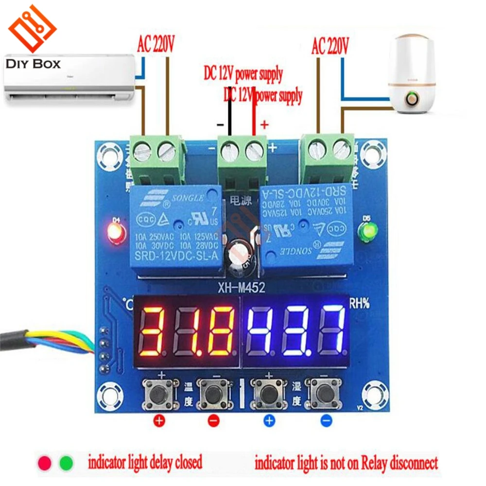 XH-M452 DC 12 В светодиодный цифровой термостат контроль температуры и влажности термометр контроллер гигрометра релейный модуль AM2301 зонд
