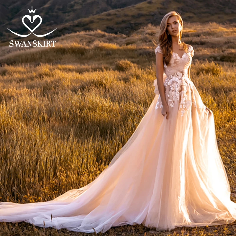 

Lovely Appliques Wedding Dress 2019 Swanskirt Cap Sleeve A-Line Sweetheart Flowers Chiffon Princess Bride Gown Plus Size F141