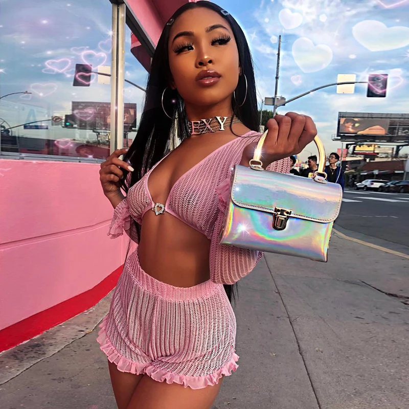 

2019 New Arrival Summer Clothes For Women Two Piece Outfits Top And Biker Shorts Chiffon Stitching Sexy Party Women 2 Piece Sets