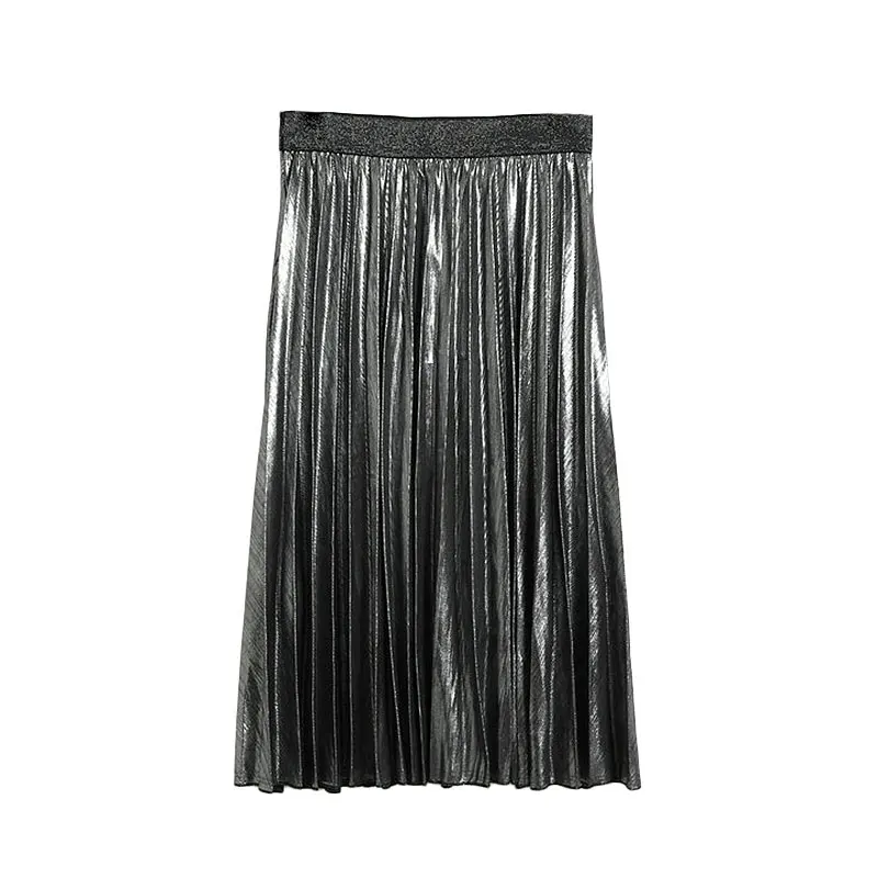 2019 Maxi Black Metallic Elastic Waist Skirt Women Metallic Pleated ...