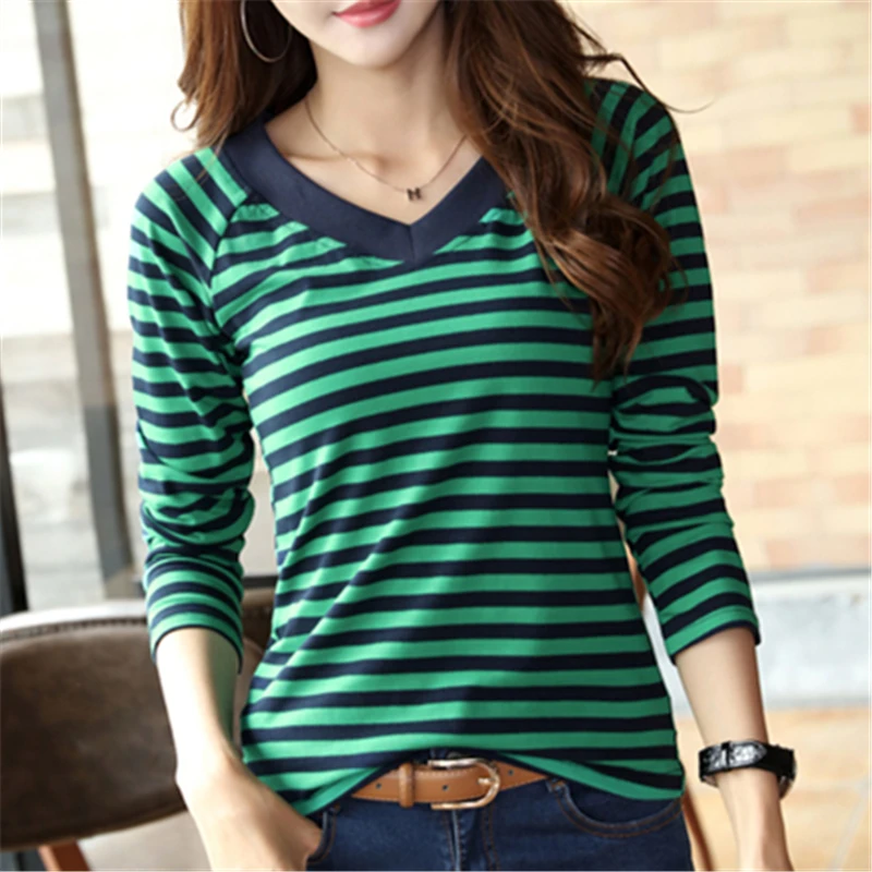 

T-Shirt Women 2019 Shirts Long Sleeve Spring Casual Shirt Striped Female T Shirts Women's Cotton V-Neck Tops Tee Camisa Feminina