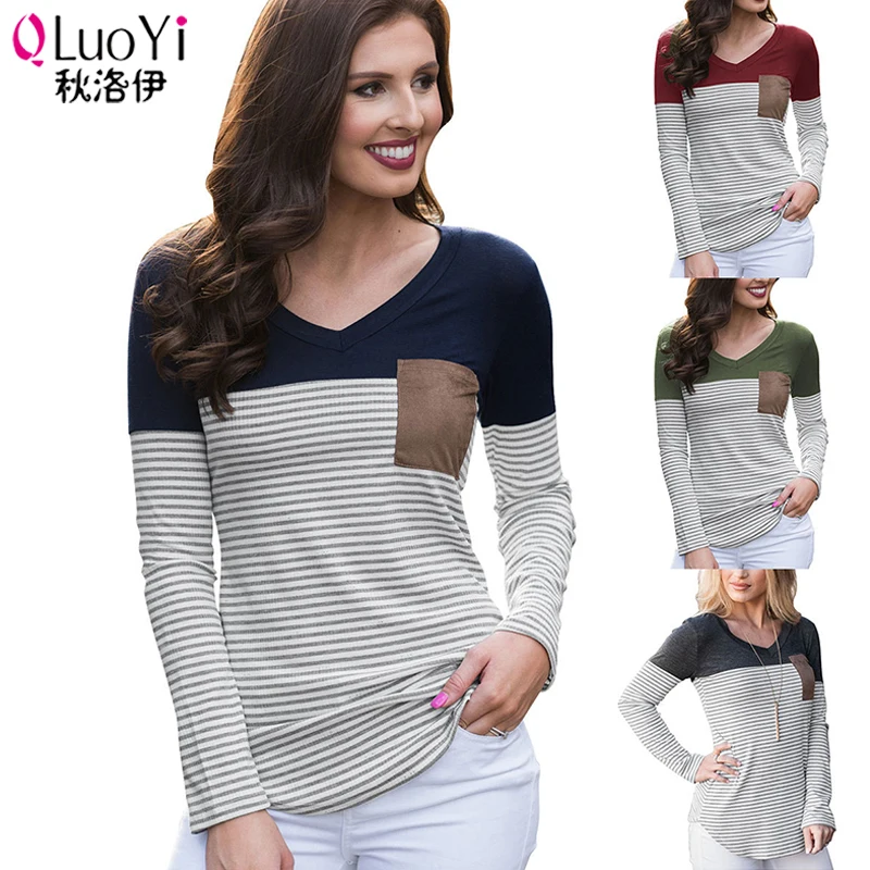QLuoYi Women 2018 AutumnLong Sleeve Tshirt Leisure Fashion Slim Fit Stripe V-neck Tops Tees Autumn Shirt for Women Clothes 8.10 Tops