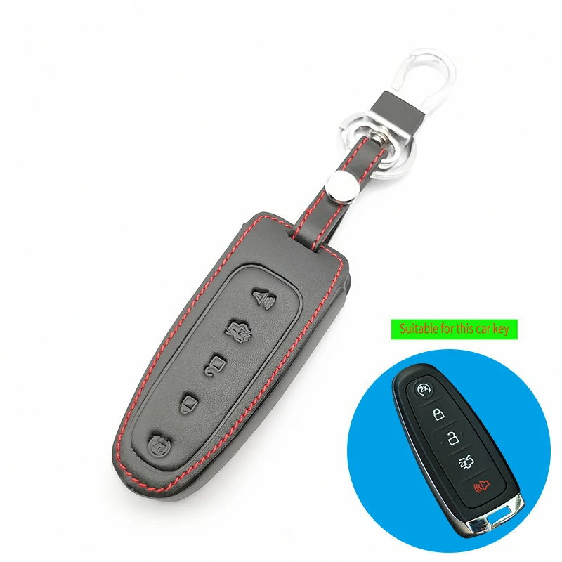 

100% Leather Key Case Cover for Ford Escape Borda Flex Focus Explorer Taurus Mustang Lincoln Mks 5 Buttons Remote