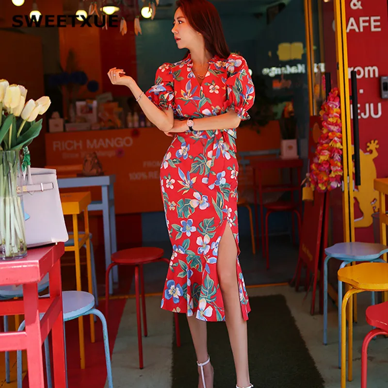 

SWEETXUE New Women Elegant Puff Sleeve Dress Summer 2019 Red Flower Print Slim-Fit Bow With Printed Split Fishtail Dresses V