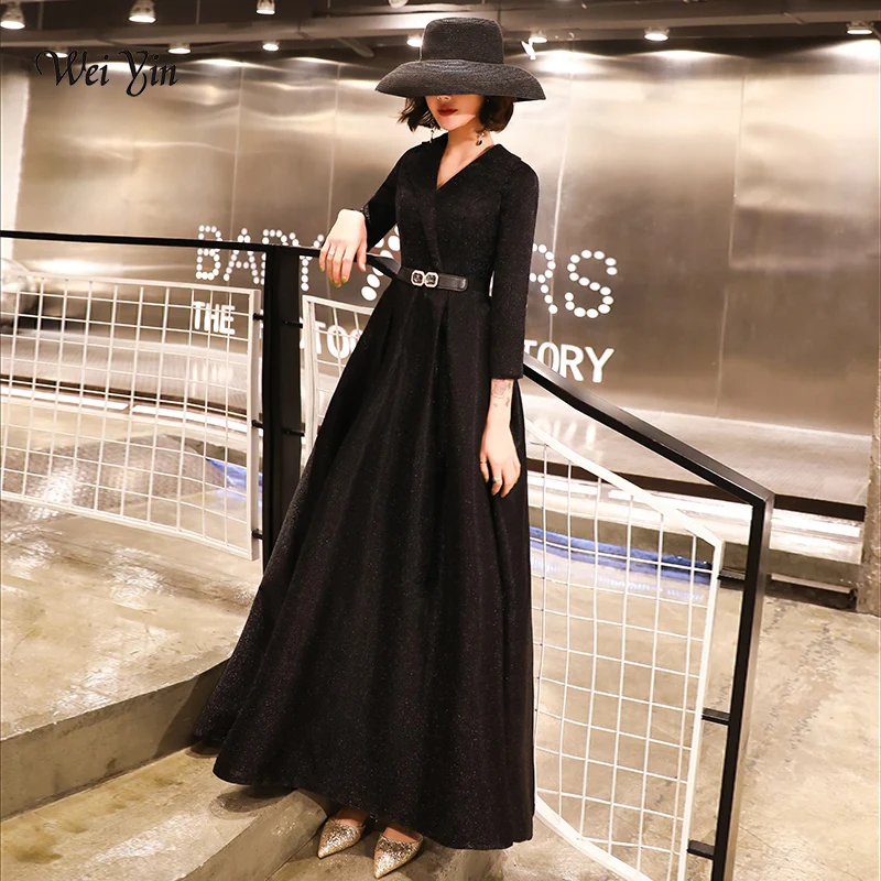 Вечернее платье weiyin De Soiree вечернее платье 2019 черный V образным вырезом с длинным рукавом официальная Вечеринка Вечерние платья Длинные vestido