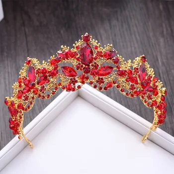 

KMVEXO Luxury Red Rhinestone Bridal Tiara Crown Vintage Gold Baroque Crystal Diadem for Brides Headband Wedding Hair Accessories