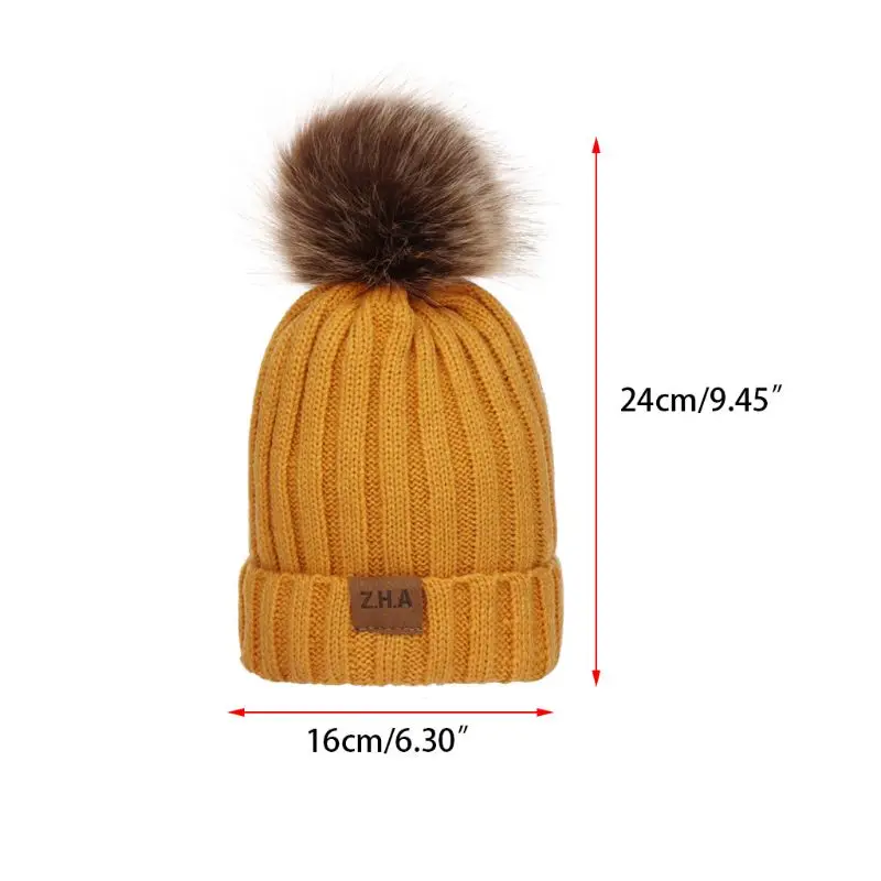 

Women Men Winter Ribbed Knitted Hat Solid Color Plain Woolen Cuffed Beanie Cap Thicken With Cute Fluffy Pompom Ball Beanie with