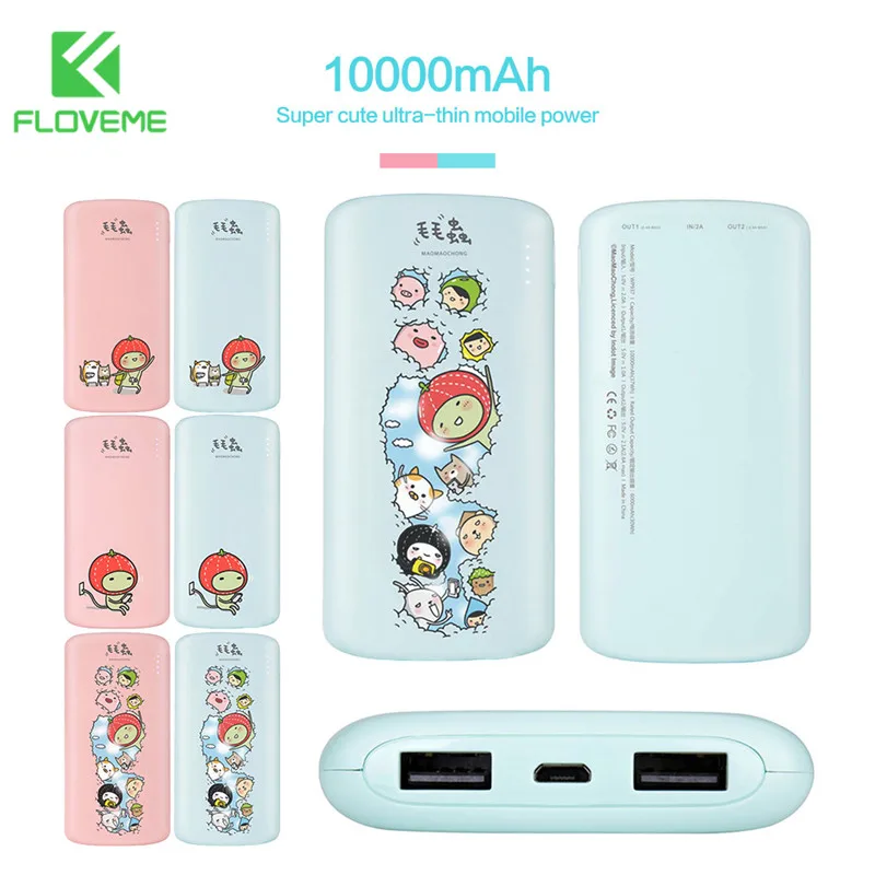 

Floveme Cute 10000mAh Powerbank Dual USB Output Ultra Thin Power Bank External Battery For iPhone Xiaomi Portable Charger