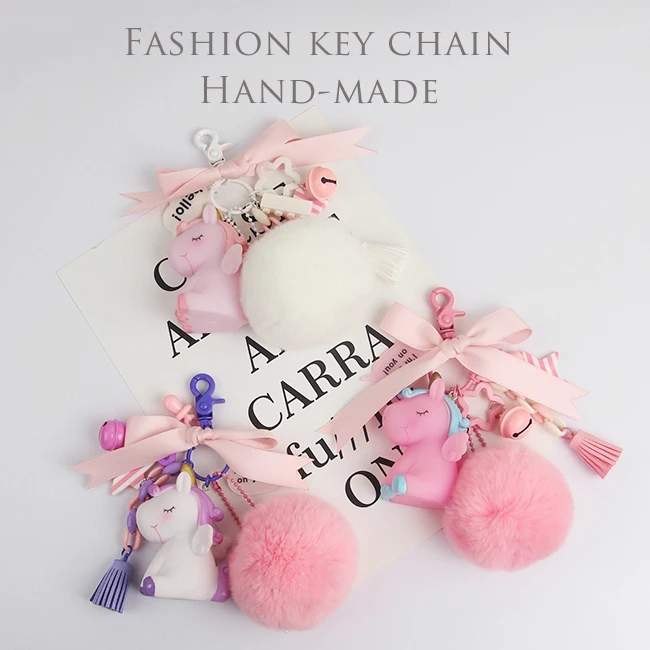

2019 Babies Unicorn Horse Keychain Rabbit Fur Pompom Ball Keyring Bag Charm Bowknot Pendant For Women Kids Toys D240