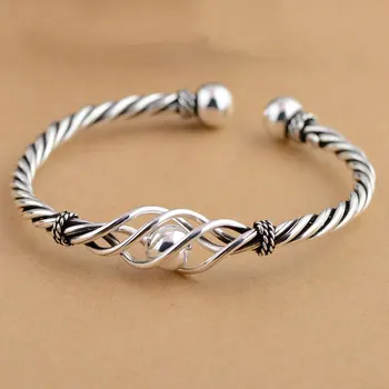 

925 Silver Ball Rope Bangle Fashion Vintage Open Size Diameter 56mm 100% S925 Sterling Silver Bangles for Women Jewelry