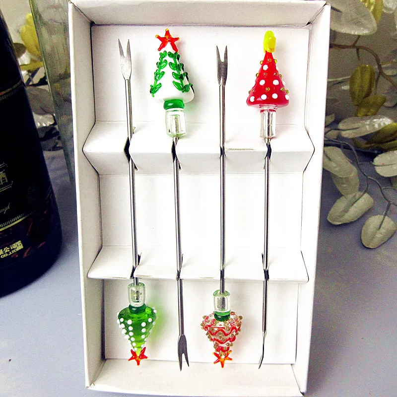 Custom cute handmade murano glass christmas tree fruit fork set miniature tableware stainless steel Cocktail Cake dessert sticks | Дом и сад