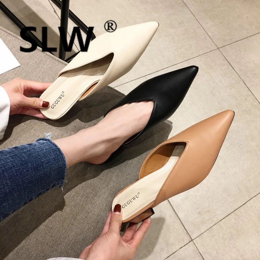 

Med wedge Pointed Toe mules Slip-On platform closed toe Slides women loafer spring slipper Wedges Flock Retro creeper heels