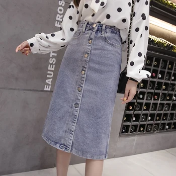 

Spring 2019 New Denim Skirts Women High Waist Skirts Single Button Mid-length Skirt Casual Streetwear