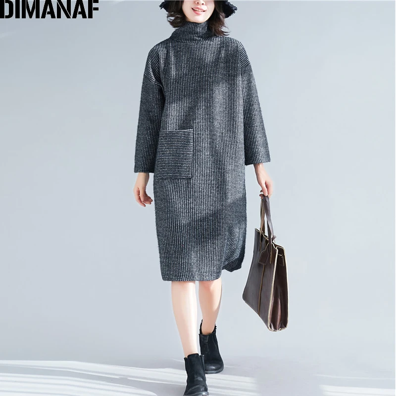 

DIMANAF Plus Size Women Dress Long Sleeve Elegant Lady Vestido Turtleneck Loose Vintage Knitted Dress Female Clothes 2019 Spring