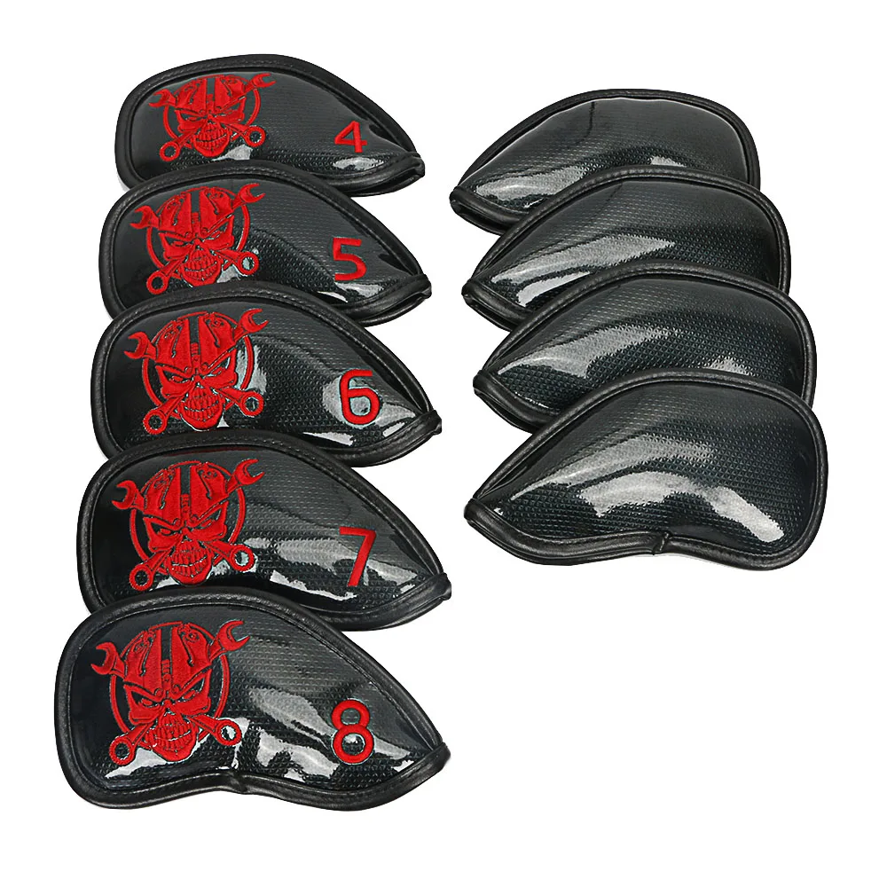 Golf Iron Headcover Waterproof PU Leather skull head pattern 9Pcs/set(4~9,P,A,S) golf clubs protect covers free shipping