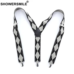 SHOWERSMILE Mens Braces for Trousers Argyle Bussiness Formal Suspender 110cm 3 Clips British Elastic Adjustable Male Suspenders