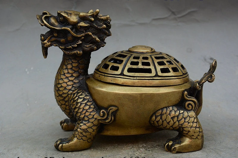 

Rare China Folk Pure Bronze FengShui Animal Dragon Turtle Incense Burner Censer
