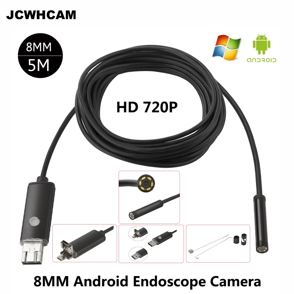 

Водонепроницаемый эндоскоп JCWHCAM HD, 2 МП, 6 светодиодов, 8 мм, объектив 1 м, 5 м, Android, USB, IP67, бороскоп для осмотра, камера OTG, телефон Android, 720P