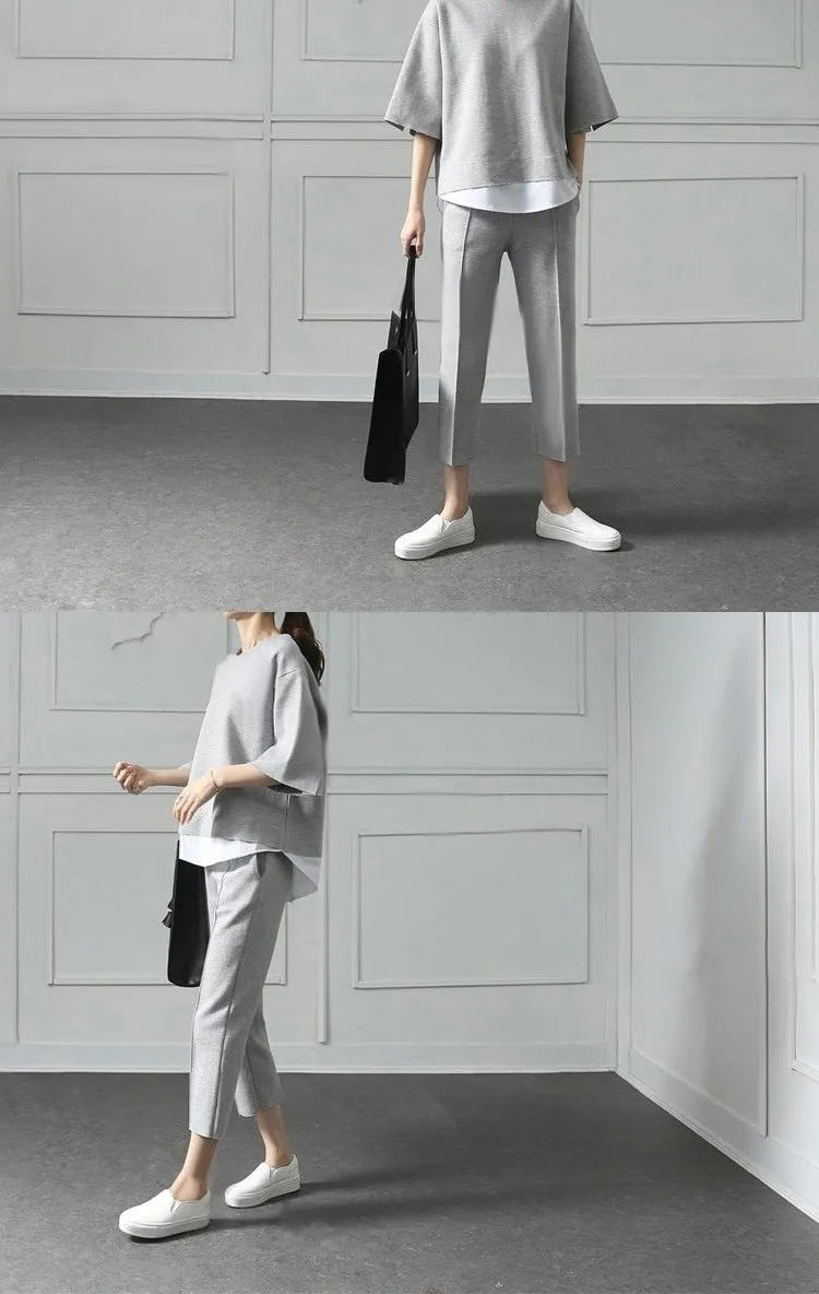 2018 Autumn Casual O Neck Fake Two Pieces Top 3/4 Length Pants piece Sets Loose Splits Sleeve Cotton Suits|Спортивные костюмы| |