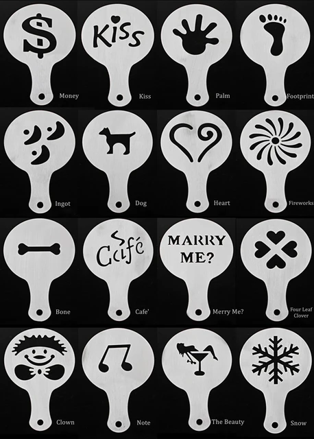 Cheap 16Pcs/set Creative Aluminium Garland Mold Fancy Coffee Printing Model Thick Coffee Foam Spray Template Decor Barista Art Tool