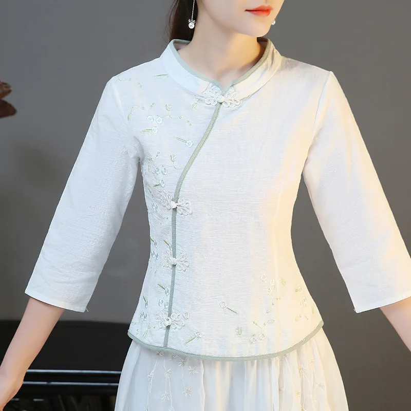 Белый Жаккардовый костюм Танг Топы женские Весна и лето хлопок ретро тонкий рукав три четверти традиционная китайская одежда