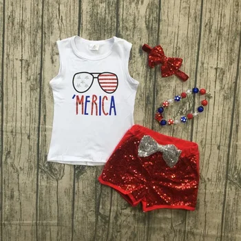 

baby girls summer new arrival outfits Independence Day short outfits with bow and necklace.