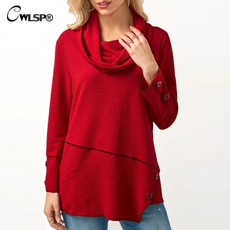 CWLSP 2018 Autumn Women Loose Hoodies Sweatshirt Casual Scarvf Collar with Buttons Tops Plus size Tracksuit Pullovers  QZ2515