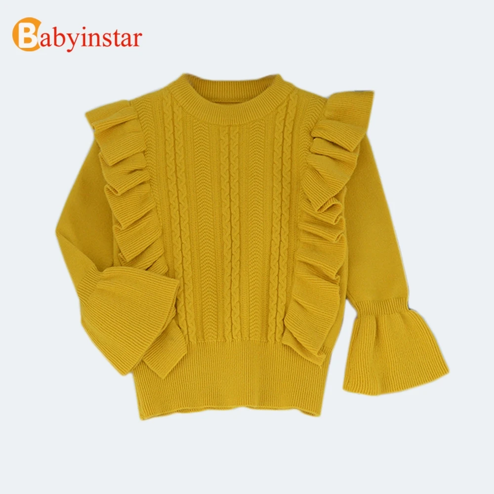 Babyinstar/свитера для маленьких девочек; Новинка года; трикотажная одежда для девочек; осенний Однотонный свитер для девочек с оборками; дизайнерская детская одежда