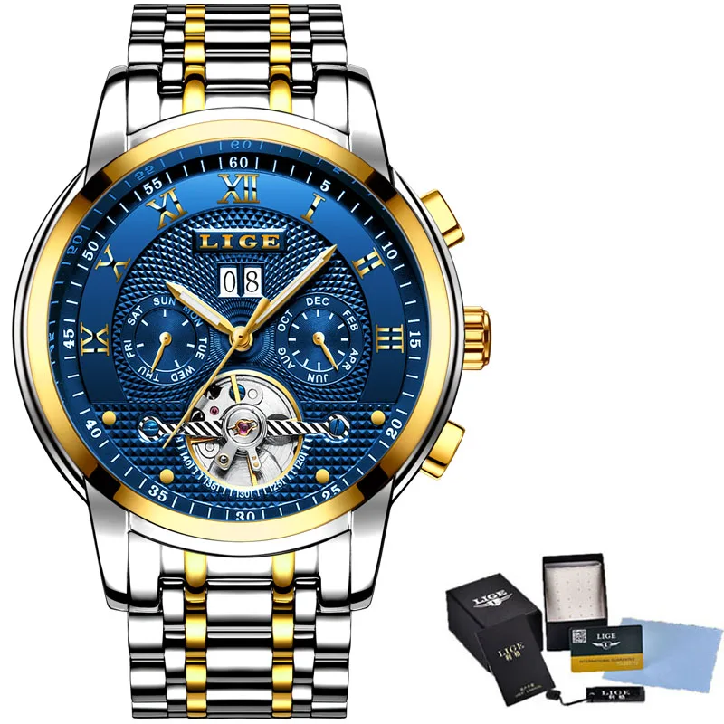 LIGE новые мужские часы лучший бренд класса люкс Бизнес Автоматическая техника мужские часы полная сталь водонепроницаемые мужские часы коробка для часов - Цвет: gold blue