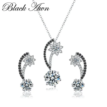 

[BLACK AWN] Wedding Jewelry Sets Genuine 925 Sterling Silver Black&White Stone Pendant Necklaces Stud Earrings PT094