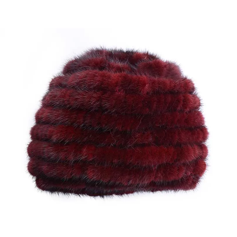 Натуральная норковая меховая шапка для женщин, Повседневная Полосатая Зимняя натуральная вязаная шапка с ушками, Женская Толстая теплая шапка mz042 - Цвет: as pic