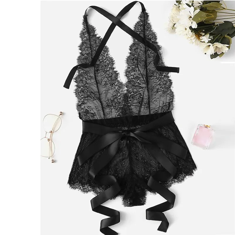 

Women Eyelash Lace Criss Cross Romper Sexy Lingerie Siamese Sleepwear Bodysuit chemise de nuit femme gown D4