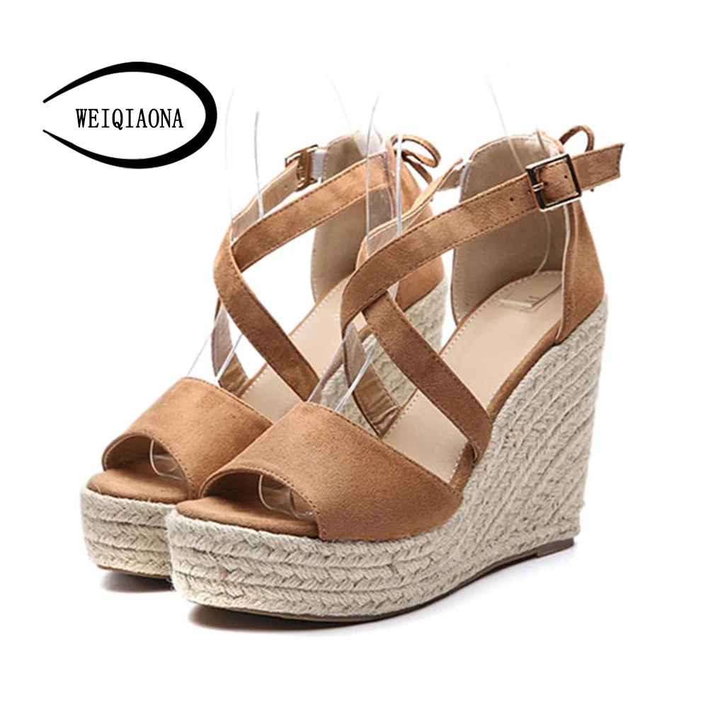

WEIQIAONA New Summer Women Flock Cross-strap Wedge Sandals Fashion buckle High Platform Open Toe Casual Ladies Shoes Beach shoes