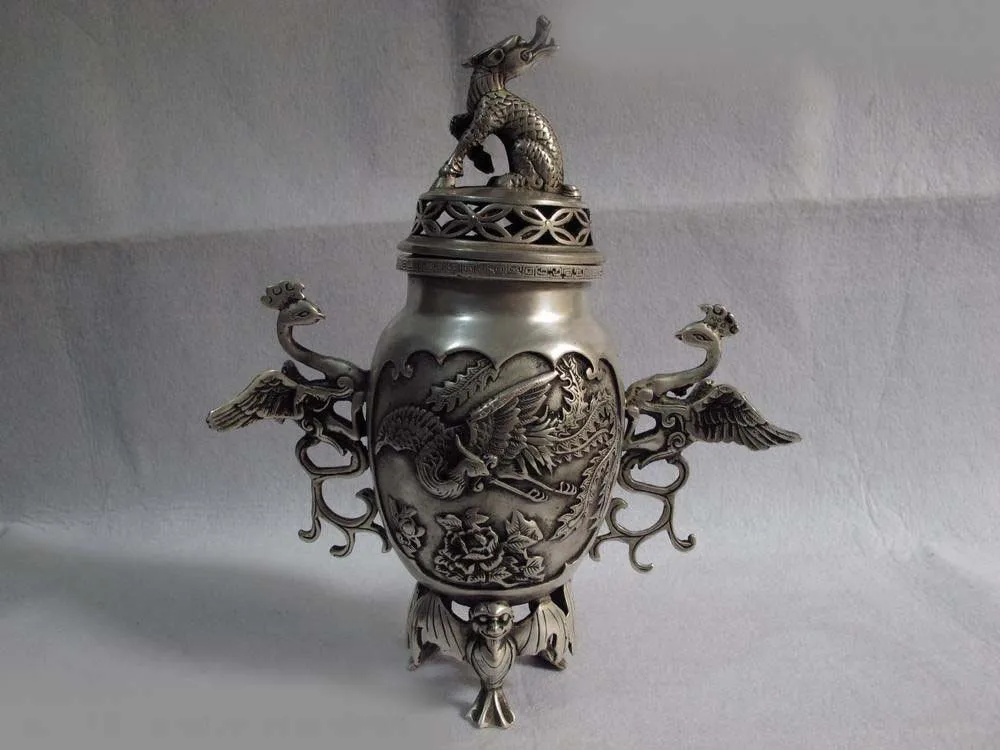 

Tibet buddhism bronze silver-gilt kylin rosefinch phenix censer incense burner