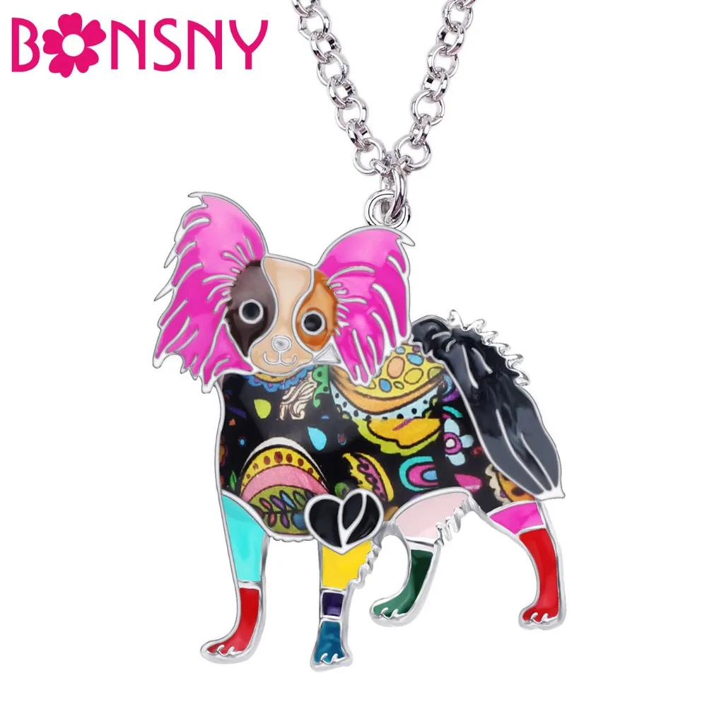 

Bonsny Enamel Alloy Standing Papillon Dog Necklace Pendant Chain Choker Collars Fashion Animal Jewelry For Women Girls Pet Gift
