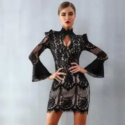 Черное кружевное платье высокого качества сексуальное мини-платье с расклешенными рукавами для ночного клуба знаменитости Evneing вечерние