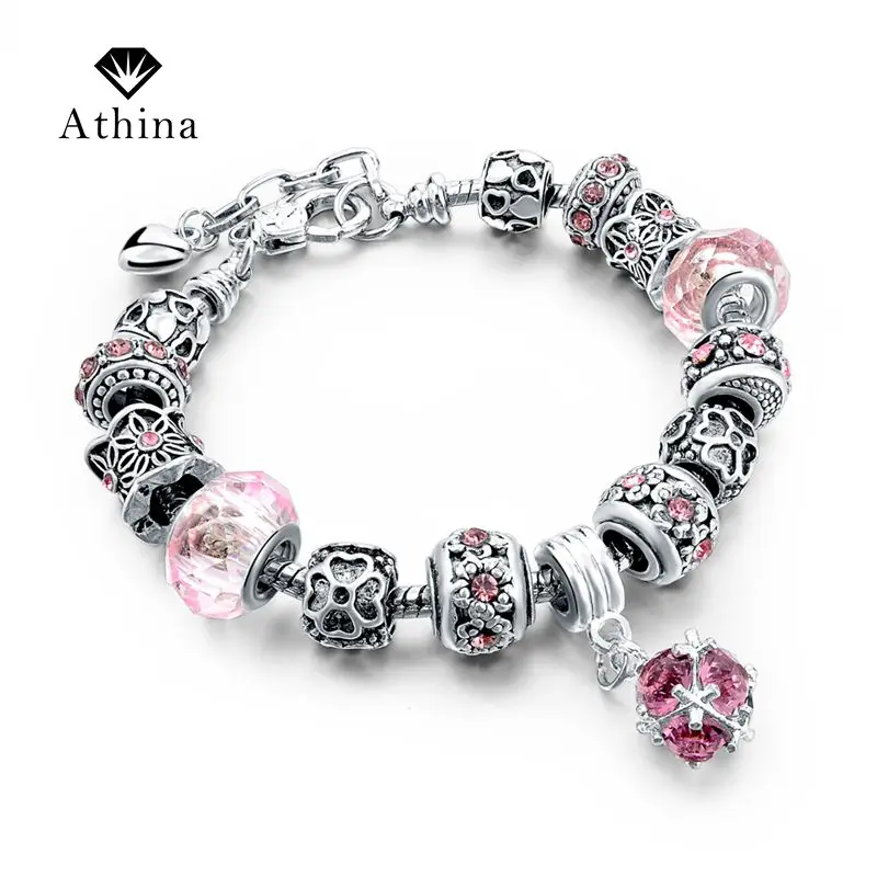 

2018 women bracelets Crystal Jewelry Pink Beads Bracelets For Women Snake Chain Women Bracelets Bangles Pulsera SBR150306