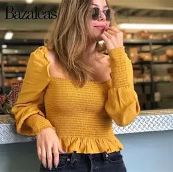 Bazaleas 2019 эластичные blusas шикарные женские топы и блузка Мода оборками Тонкий для женщин Повседневное квадратный воротник blusa feminina