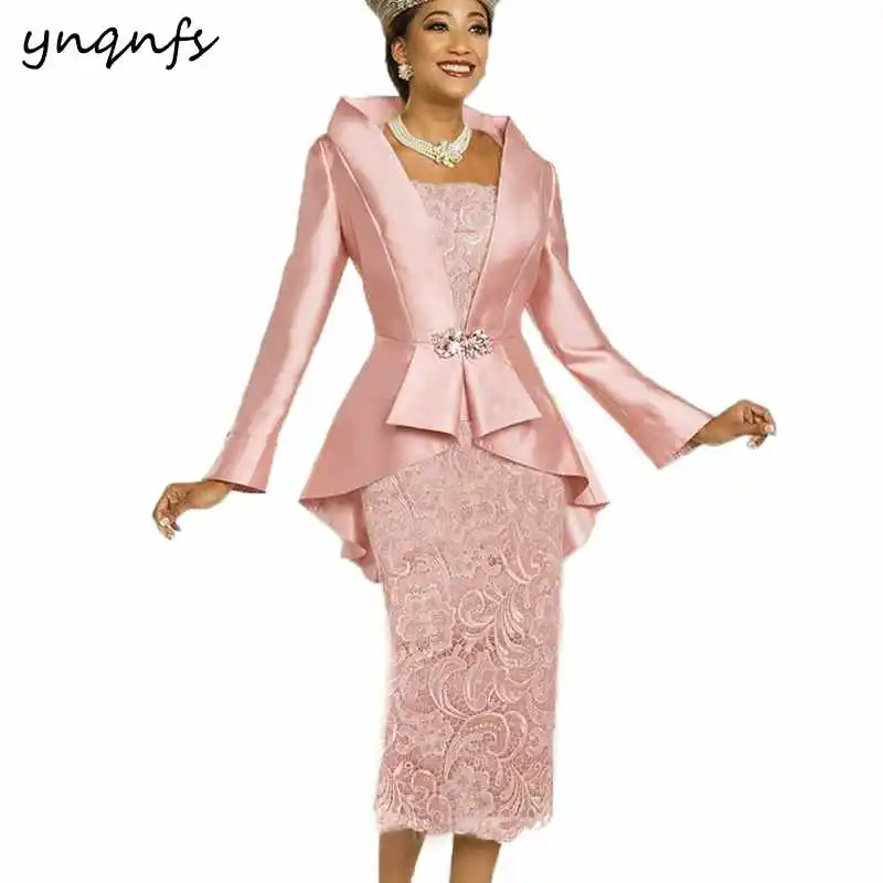 YNQNFS M52, элегантное платье длиной до середины икры,, два предмета, платья для матери невесты с жакетом, Болеро для жениха, мамы, кружевное платье, свадебное платье - Цвет: Розовый