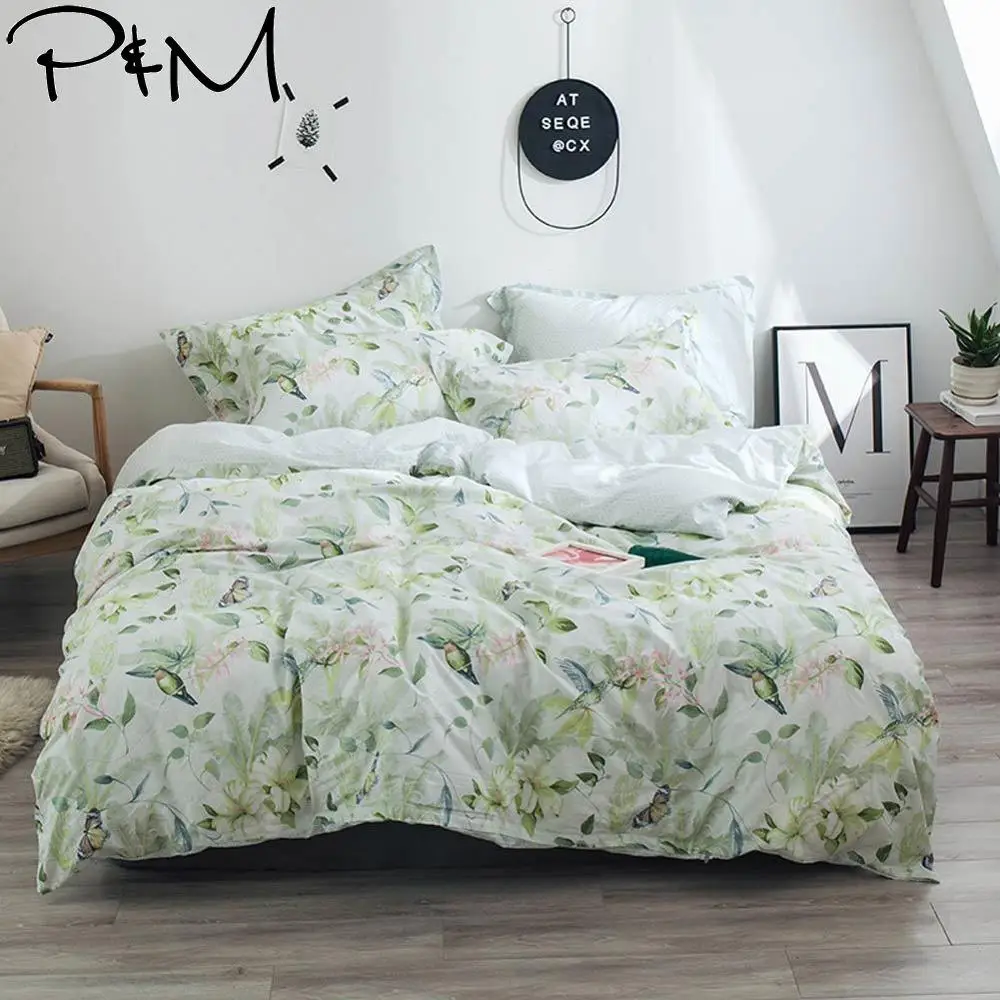 

2019 Green Leaves Birds Pastoral Duvet Cover Set Twin Queen King Size Cotton Bedding Set Flat Sheet Bedlinens Bed Cover