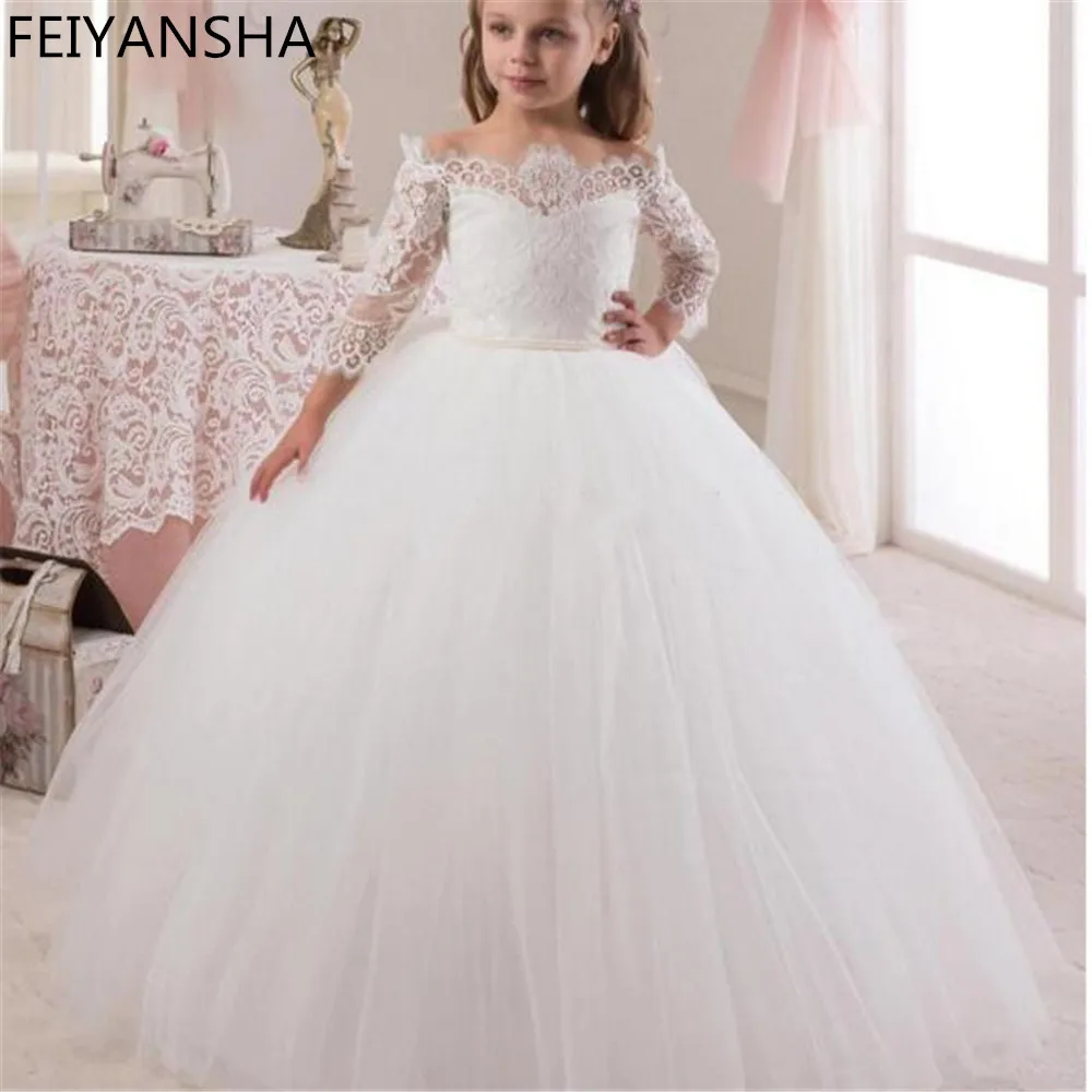 Luxury White Ball Gown Flower Girl Dresses Girls Pageant Gowns Arabic First Communion Dresses For Girls Vestidos daminha