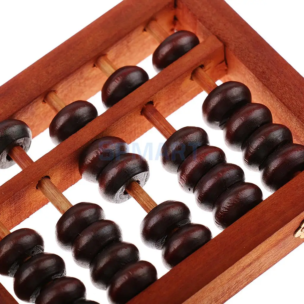 Classic Chinese Wooden Bead Arithmetic Abacus with Box 5 Rods Counting Tool 