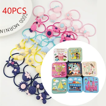 

40Pcs/lot Children Colorful Flower Bow Cartoon Headband Elastic Bands Baby Girl Gift Hairband Hair Accessories with Tin Box