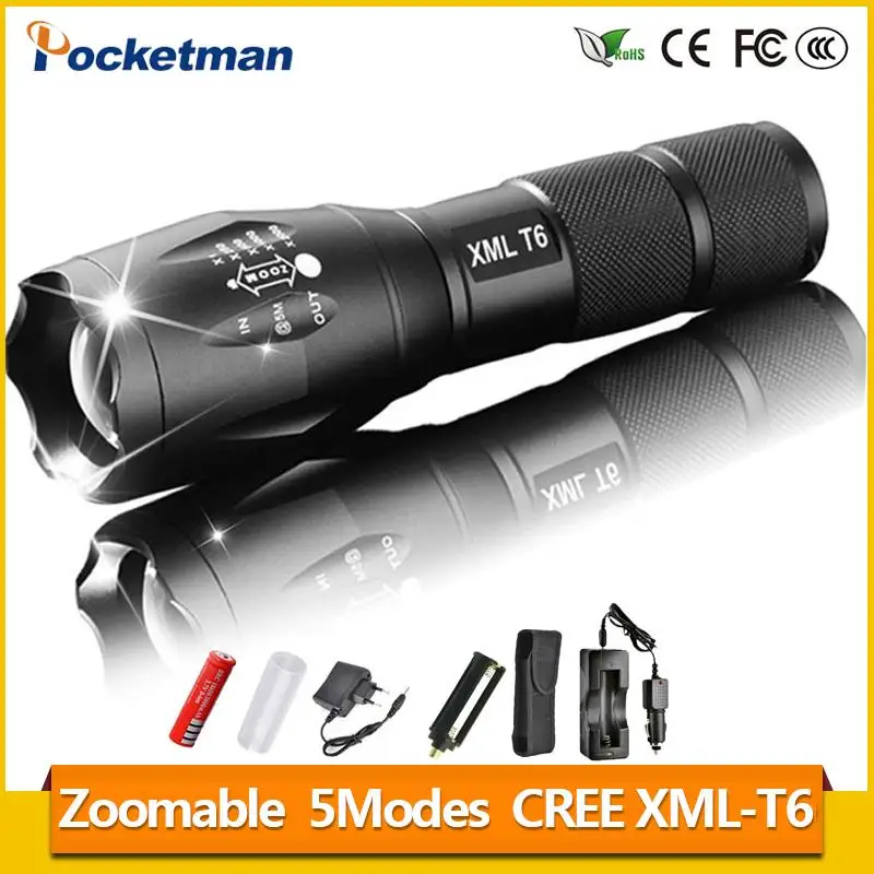 

1Set XML-T6 3000lm Adjustable Led Flashlight Led Torch Car Charger+Battery Charger+1*18650 Rechargeable Battery + Holster z81