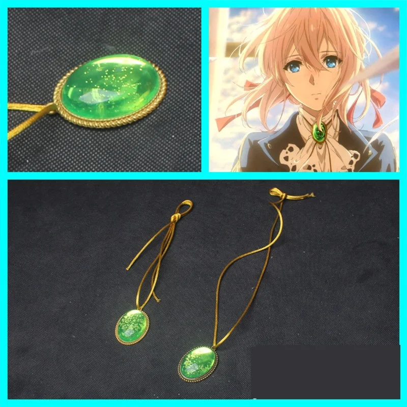 

Anime Violet Evergarden Cosplay Necklace Vintage Pendant Chain Green Diamond Jade Accessories Bola Tie Props Woman Fans Gifts