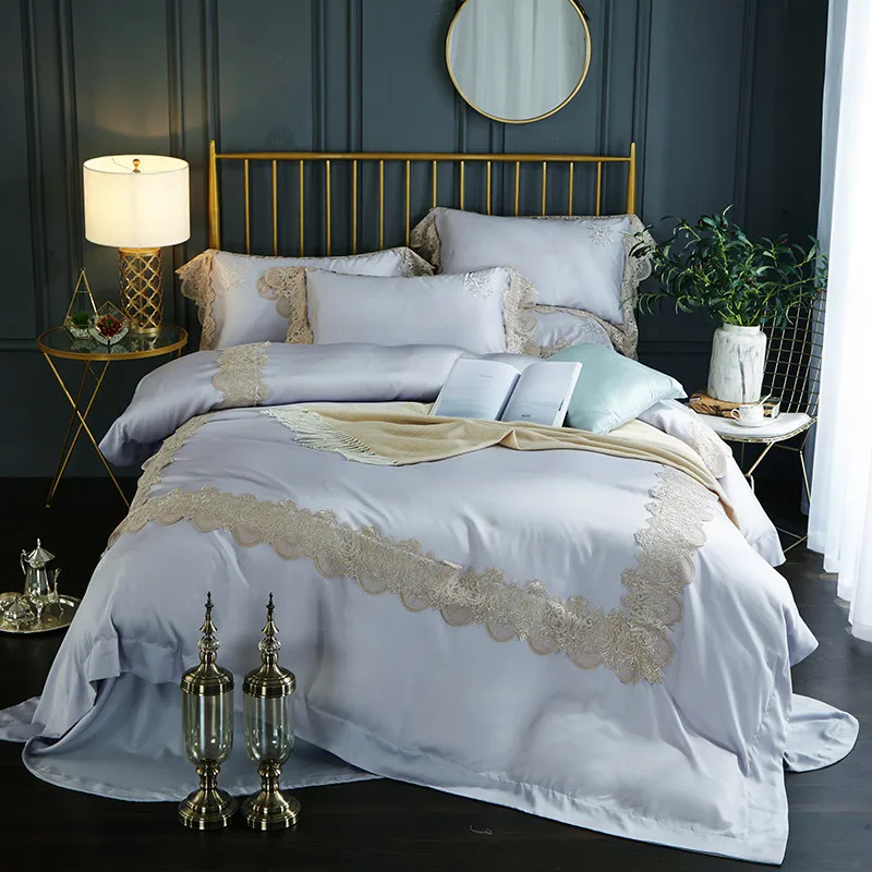 60S Tencel Pure color Lace Edge bed linen set high grade Silk bedding