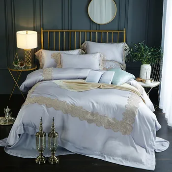 

60S Tencel Pure color Lace Edge bed linen set high-grade Silk bedding sets/bedclothes queen king size duvet cover sheet set 4Pc