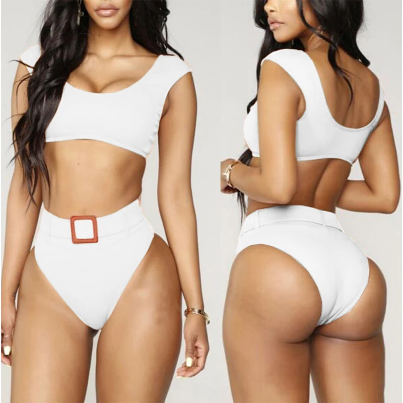 

Sexy Red Buckle Bikini Women 2019 Push Up Bandeau Swimsuit High Waist Chic Swimwear Women Bathers Beach Three-Colors To Choose